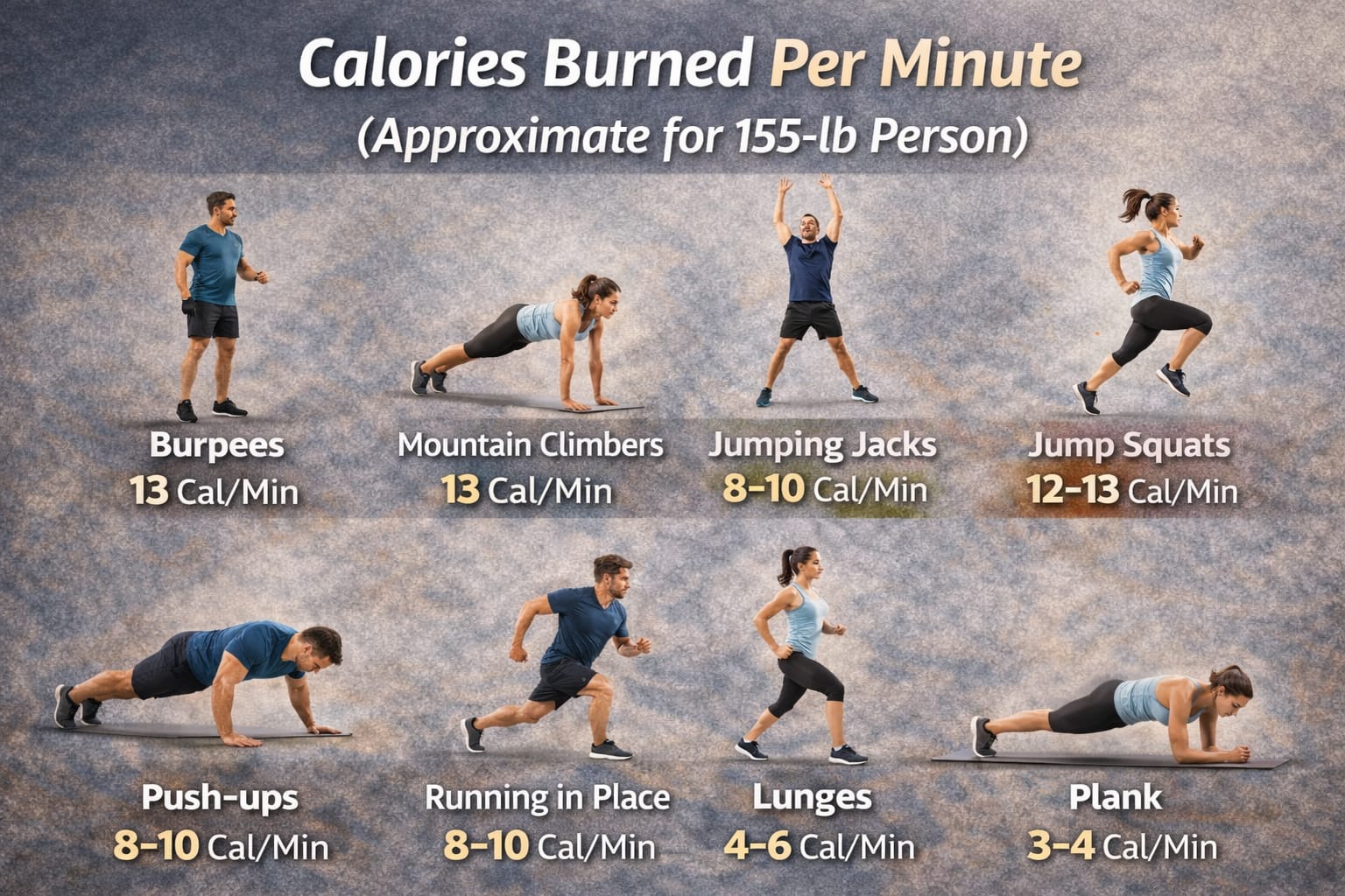 Grid showing calorie burn per minute for burpees, mountain climbers, jumping jacks, push-ups, lunges, running in place, squats, and plank.