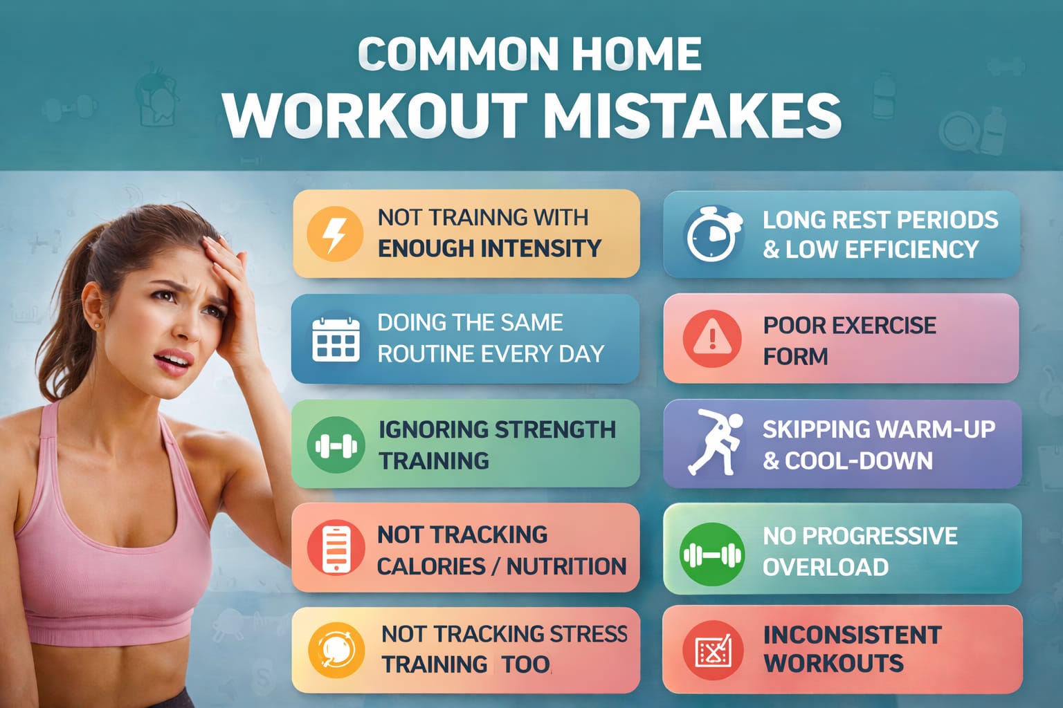 Colorful infographic listing common home workout mistakes like low intensity, poor form, and inconsistent routines.
