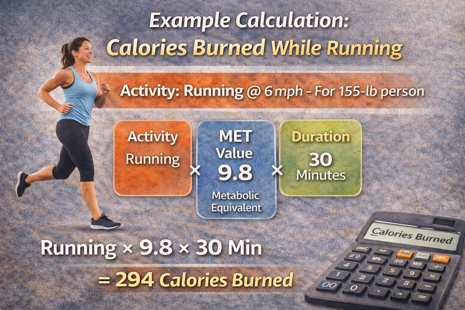  Example calculation showing a 155-lb person burning 294 calories running at 6 mph for 30 minutes.