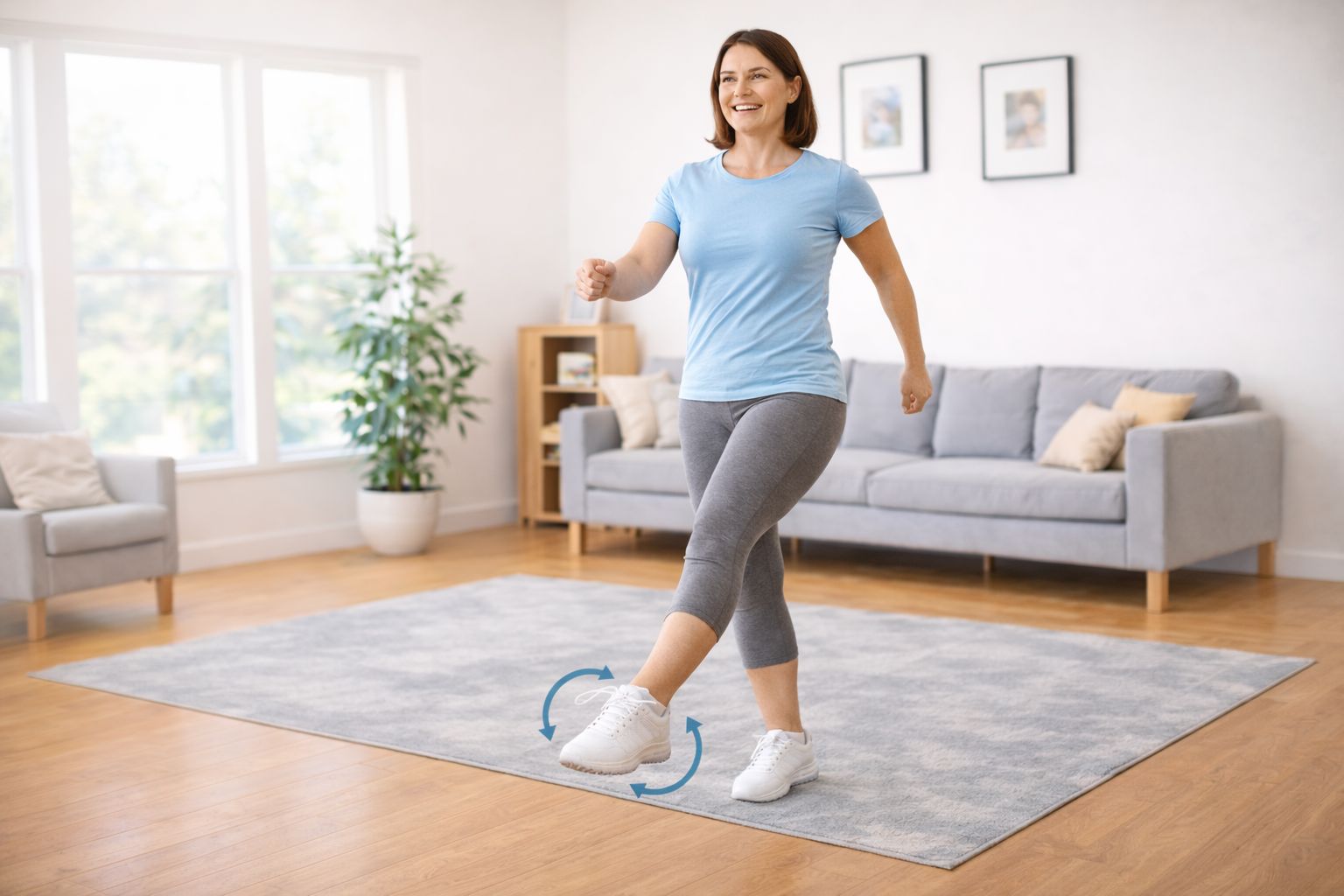 A woman lightly marching in place while swinging her arms forward and backward in a bright room.