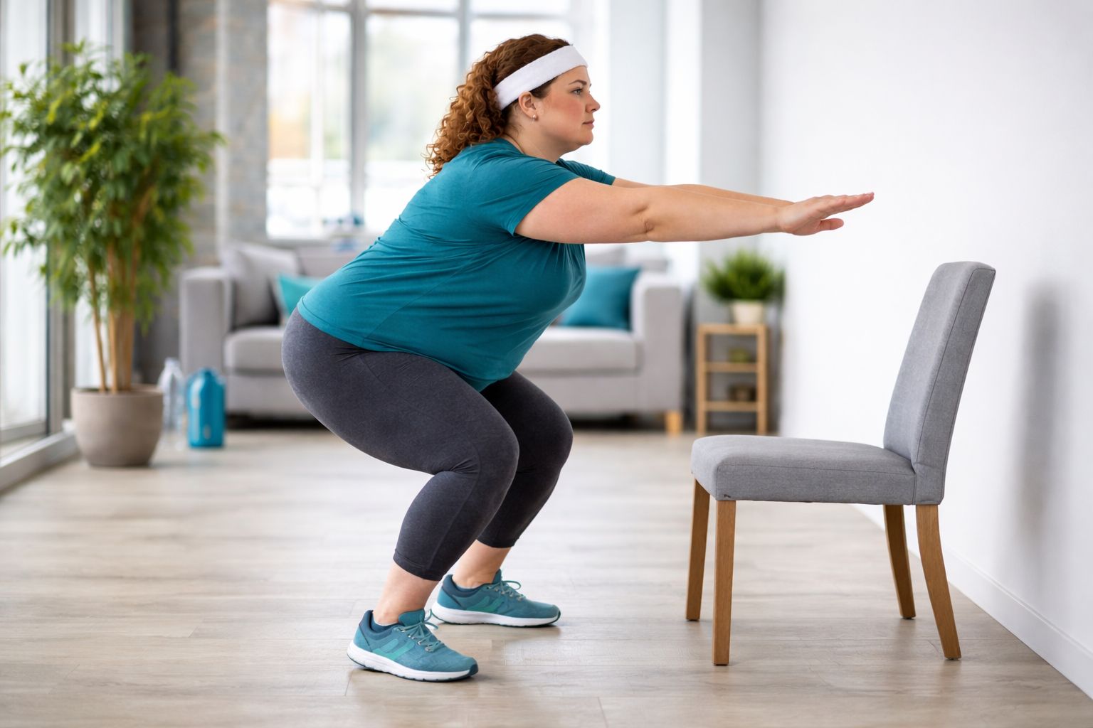 Obese beginner performing chair squat with controlled form at home