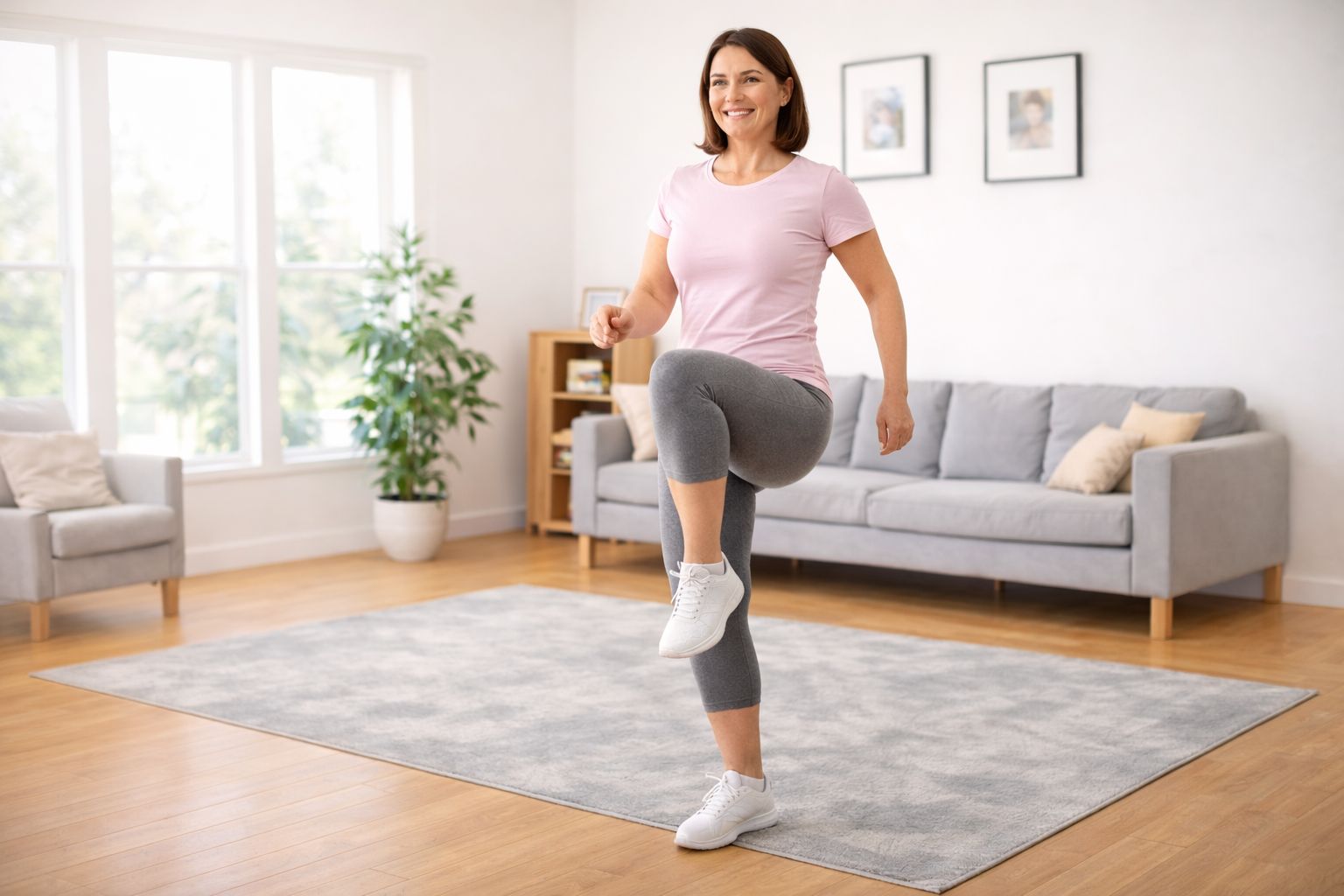 A woman performing a gentle standing march in a bright living room with relaxed arm swings.