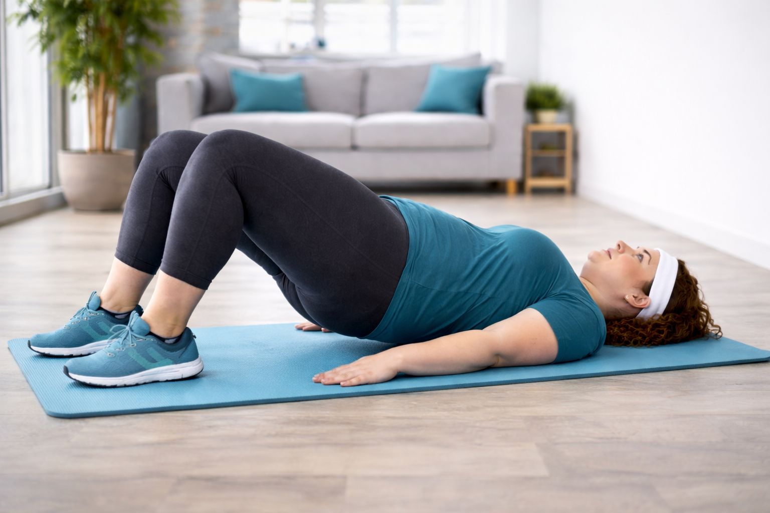 Obese beginner performing glute bridge on yoga mat with neutral spine