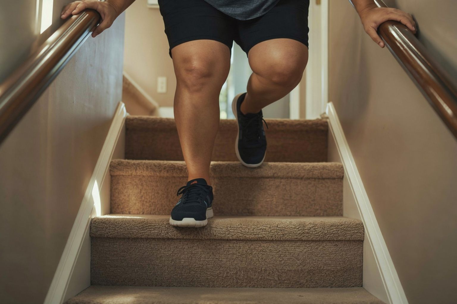 Overweight beginner performing low step-up on bottom stair with support