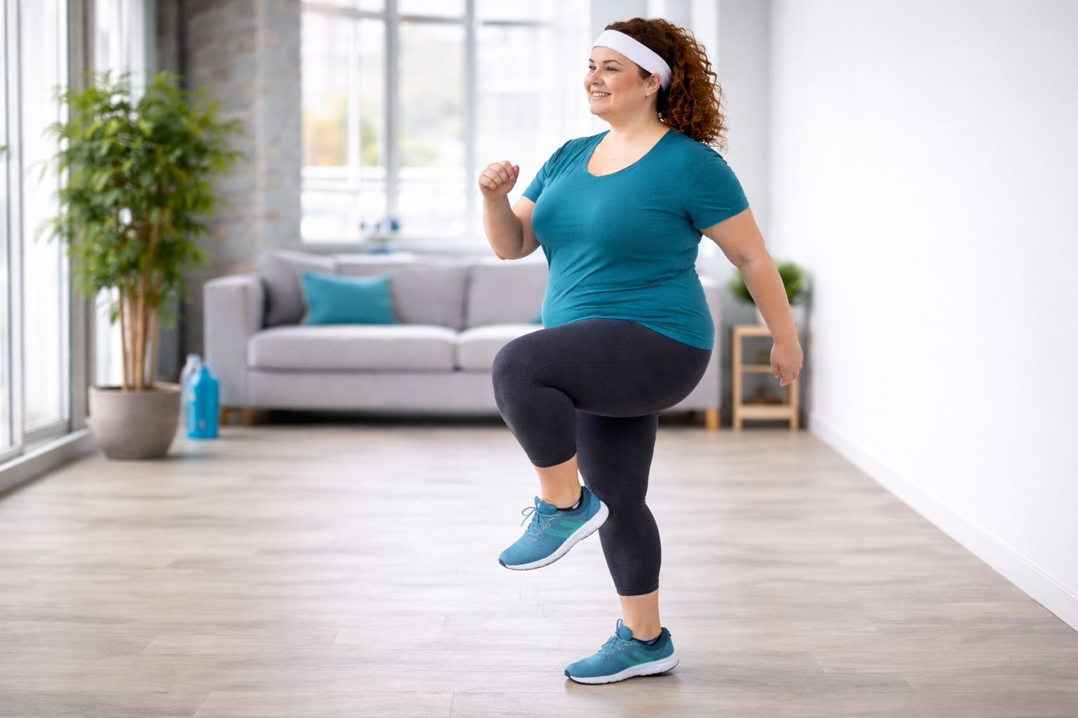 Obese beginner marching in place indoors as low-impact cardio workout