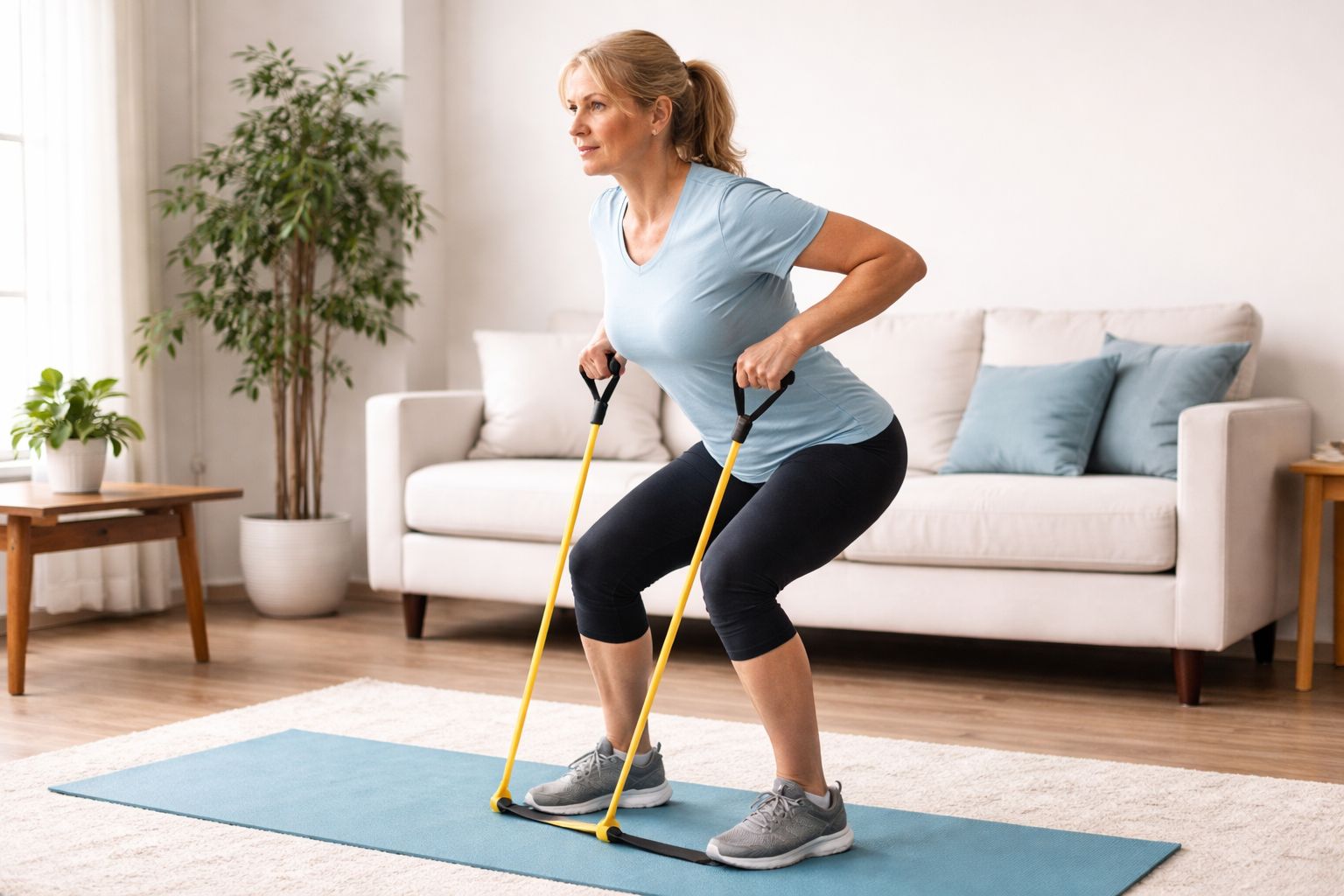 Obese beginner performing resistance band row indoors