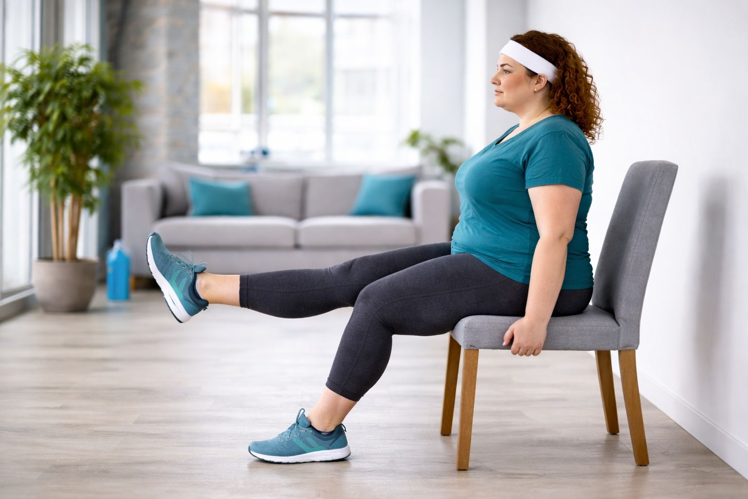 Overweight adult performing seated leg raise exercise on chair