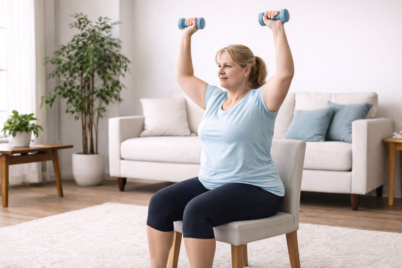 Overweight beginner performing seated overhead shoulder press with light dumbbells