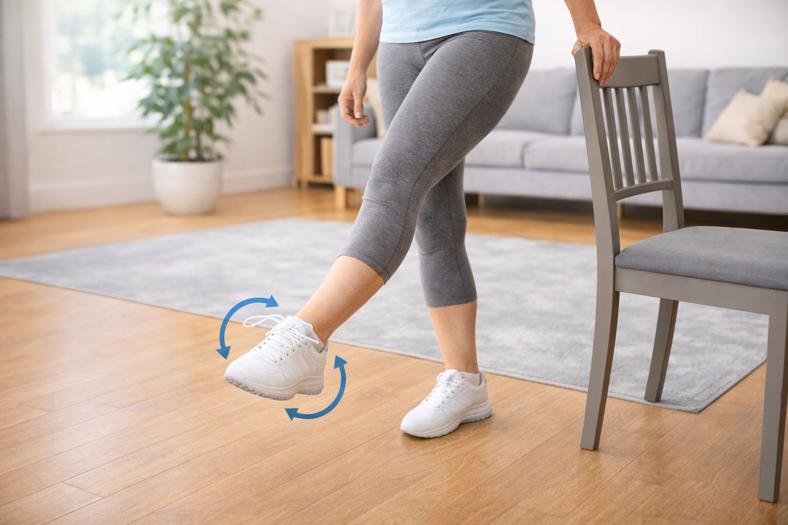 A person holding a chair for balance while performing standing ankle circles in a home setting.