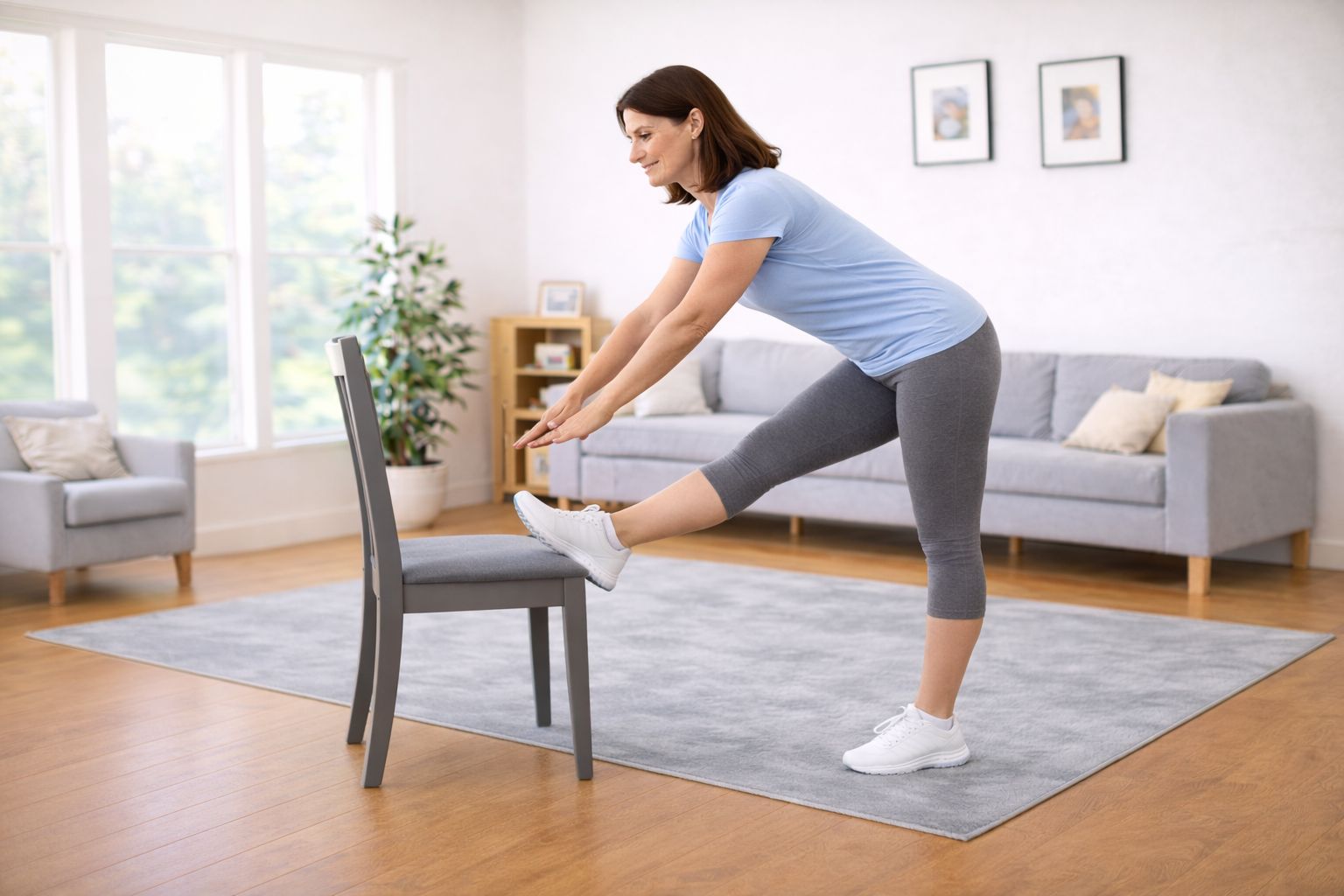 A person placing one foot on a low step and hinging forward to stretch the hamstring.