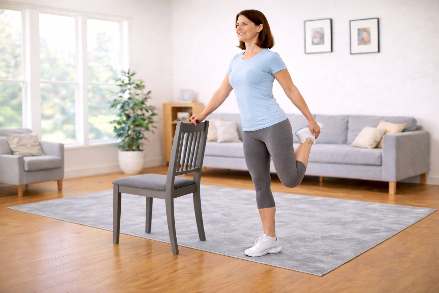 A person holding a chair while pulling one foot toward the glutes to stretch the quadriceps.