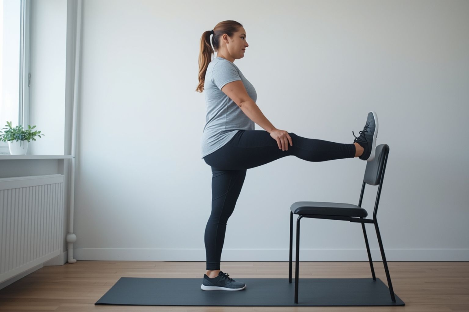 Overweight beginner performing standing side leg lift while holding chair