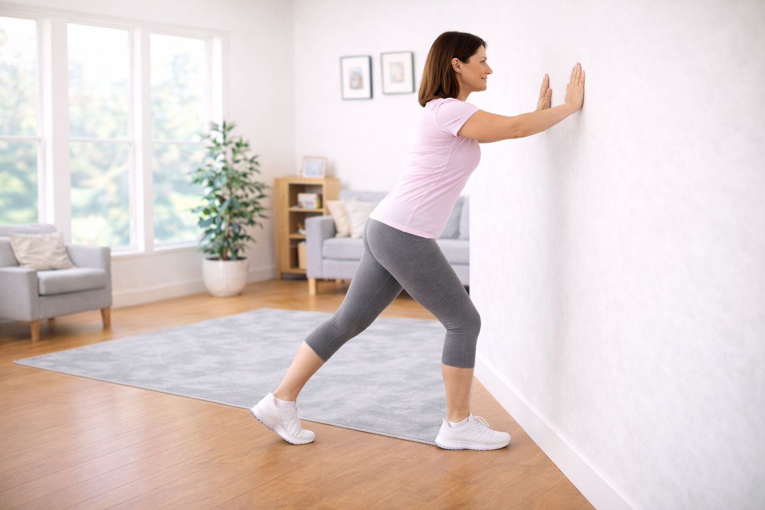 A person leaning into a wall while pressing the back heel down to stretch the calf.