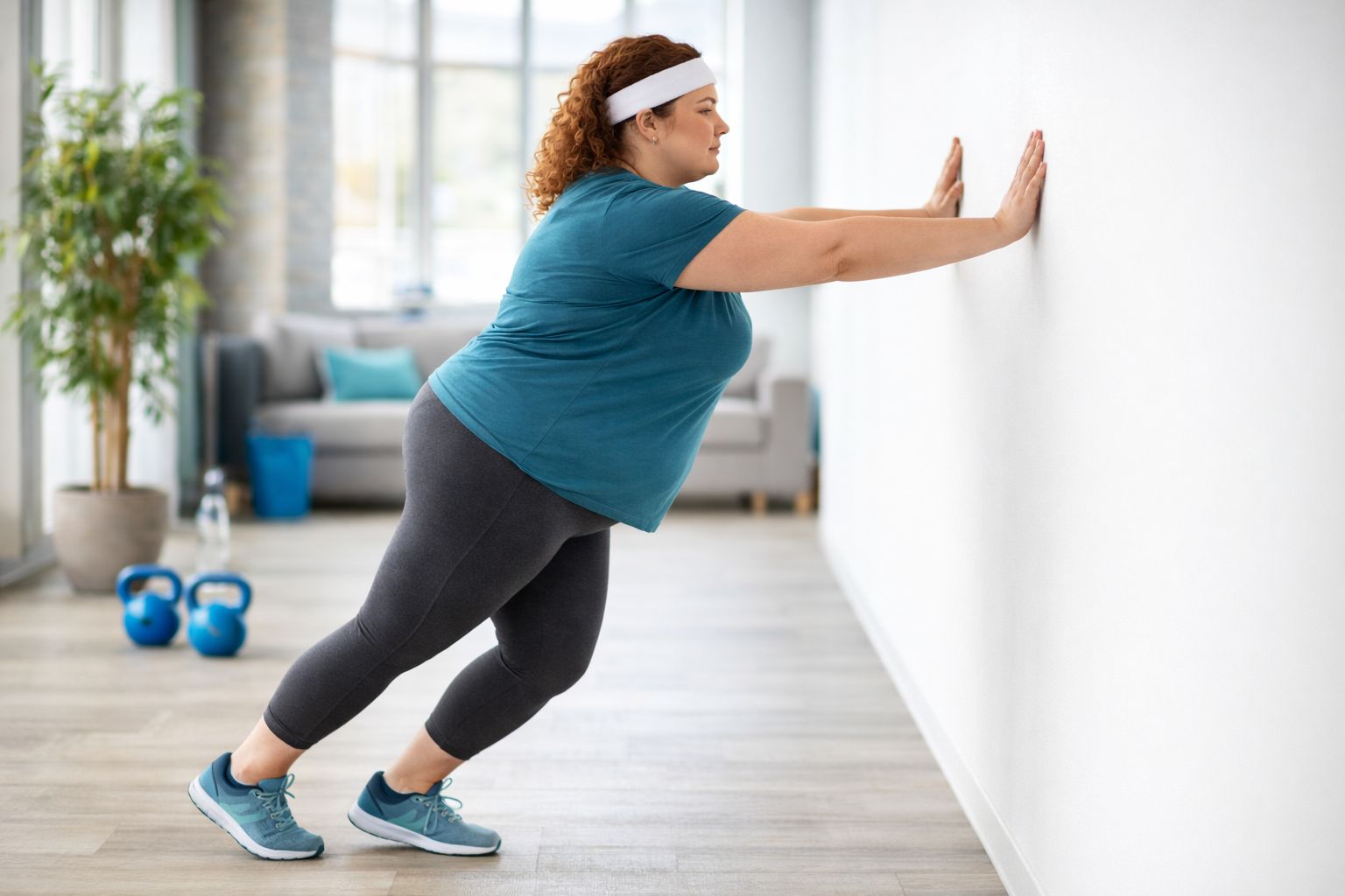 Overweight beginner performing wall push-up, a low-impact home exercise with proper posture in the living room
