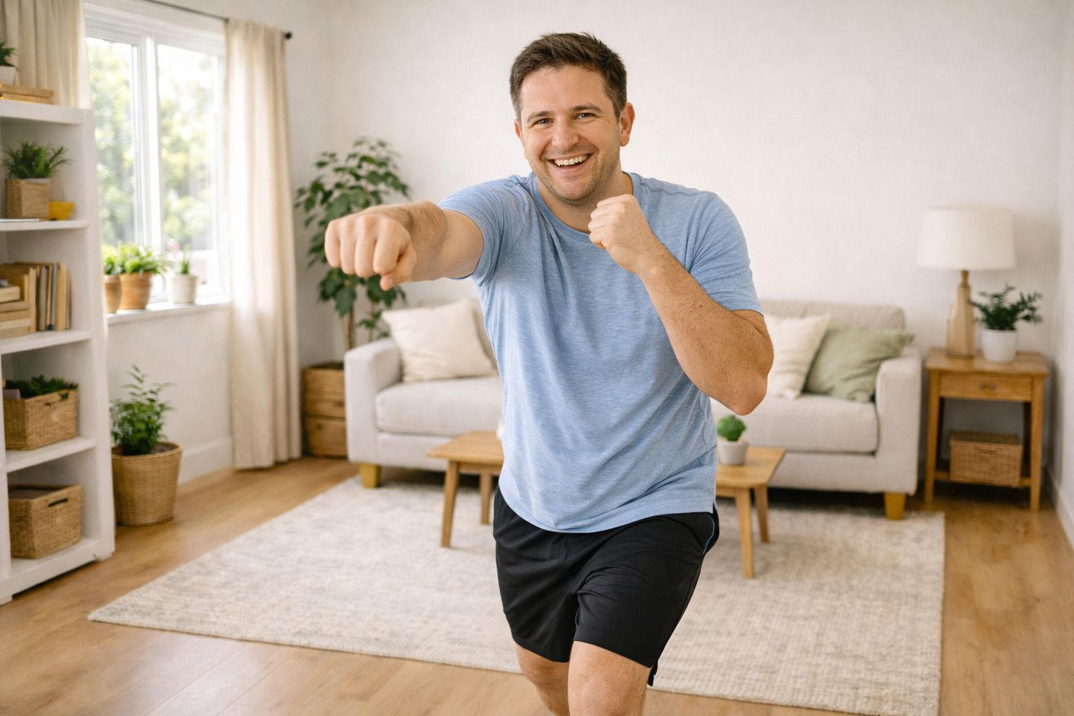 Beginner doing light boxing punches in a cozy, bright living room during a home workout