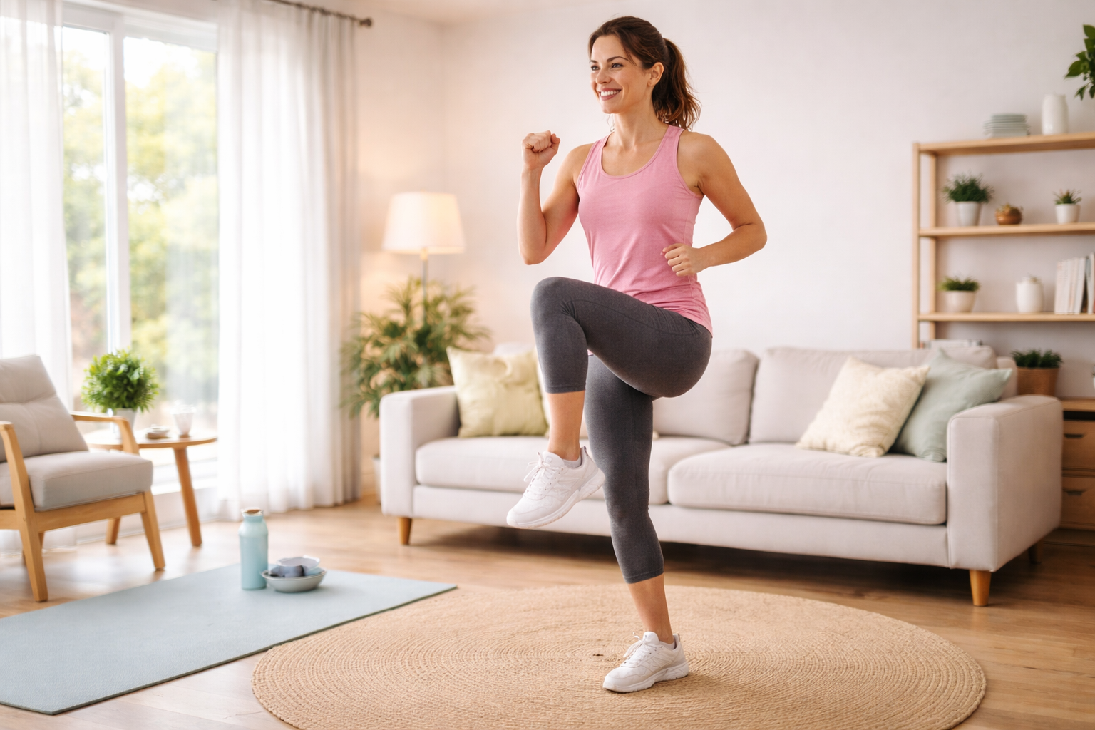Beginner woman performing standing knee raises in a bright modern living room, demonstrating an easy low-impact cardio exercise.