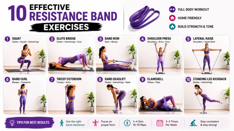 Infographic showing 10 effective resistance band exercises for beginners