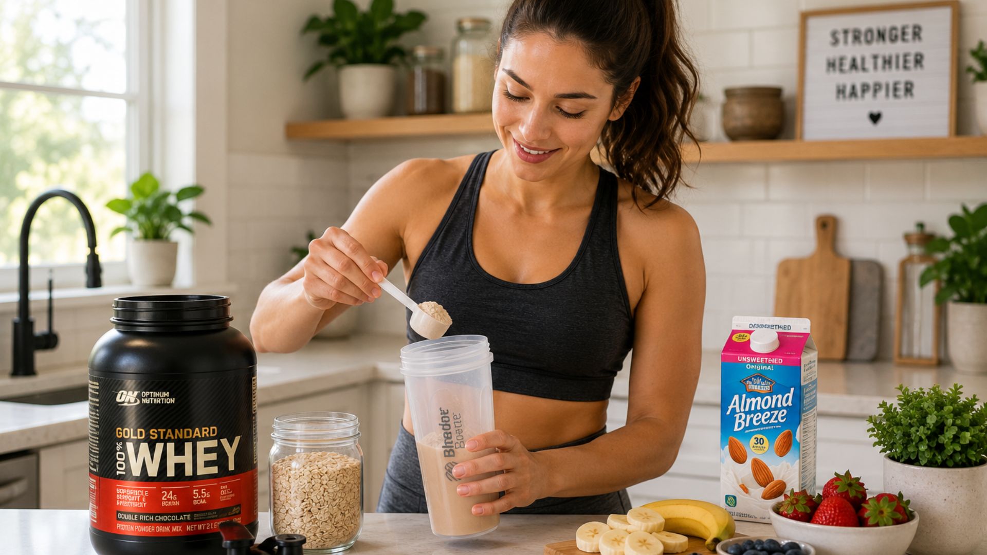 Beginner preparing healthy protein shake in modern kitchen for weight loss