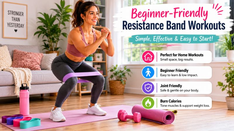 Beginner using resistance bands for weight loss workout at home