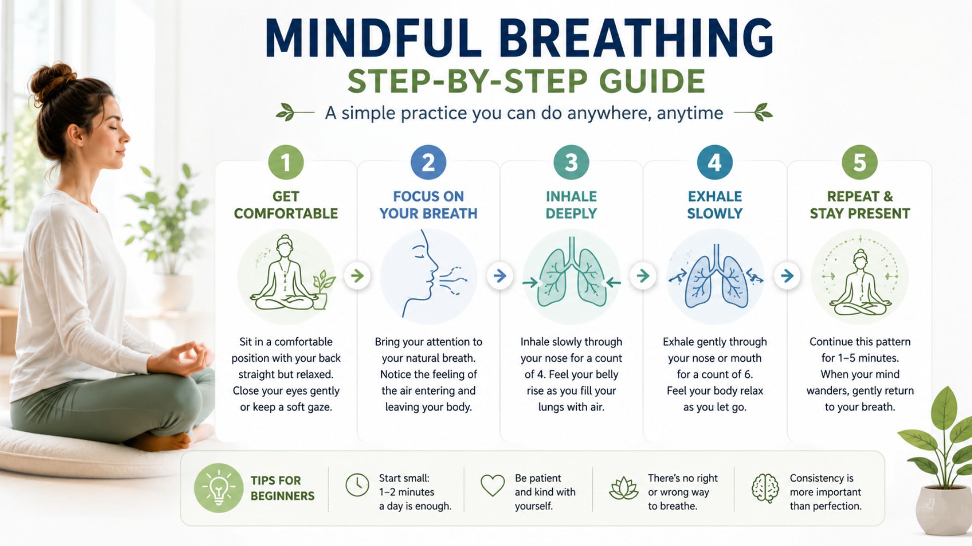Step-by-step mindful breathing exercise infographic for beginners practicing mindfulness meditation.
