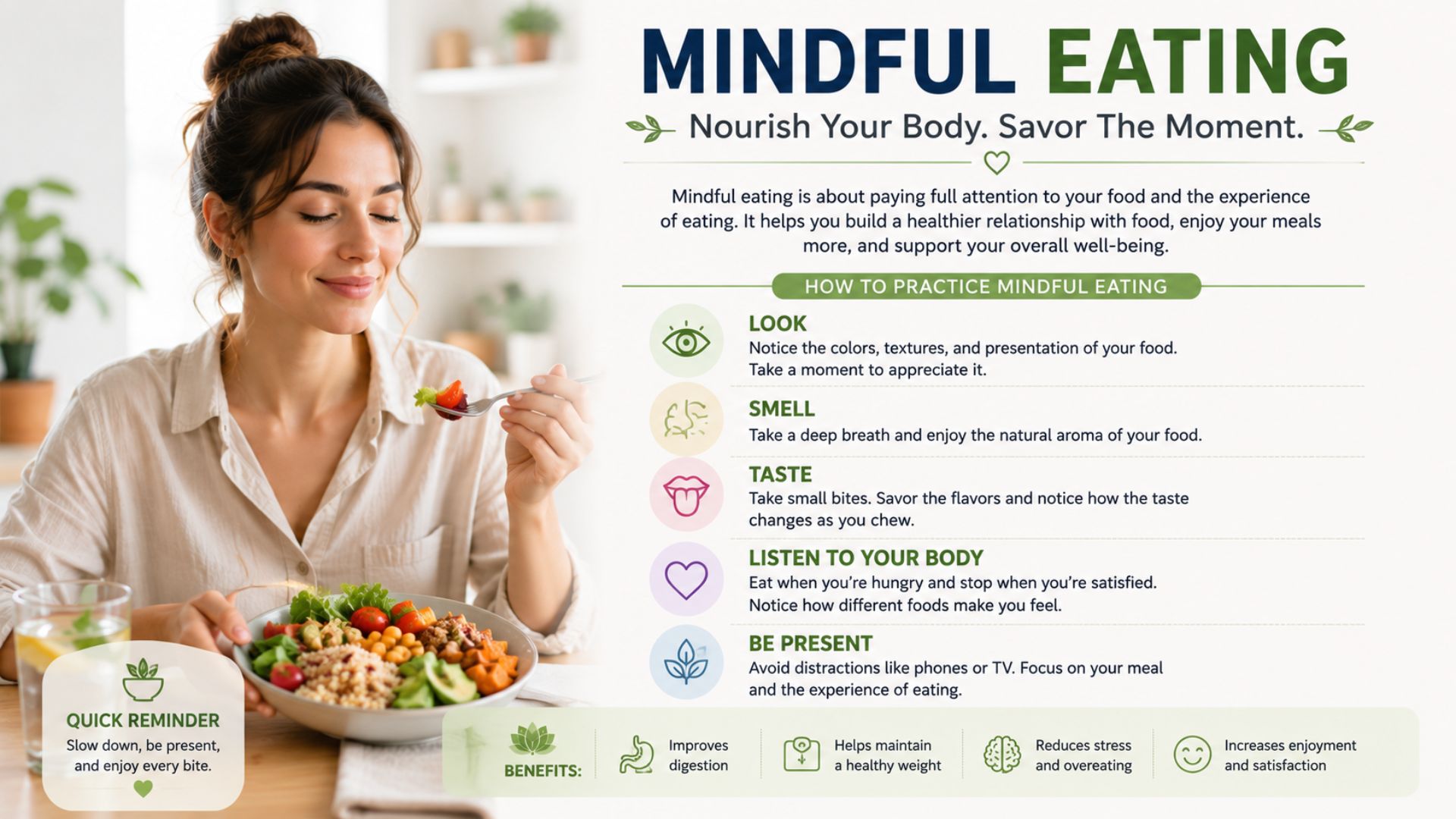 Person enjoying a healthy meal mindfully while focusing on food without distractions.