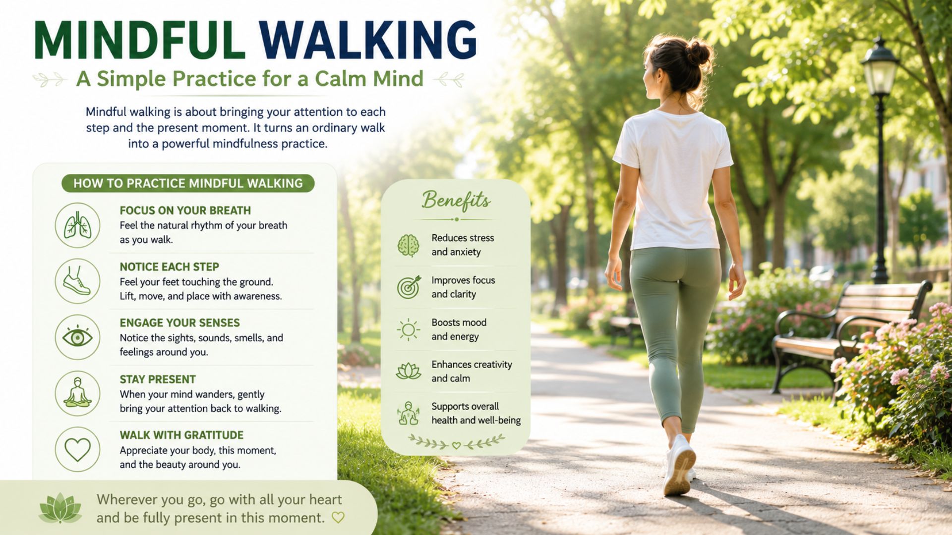 Person practicing mindful walking in a peaceful park surrounded by nature and sunlight.