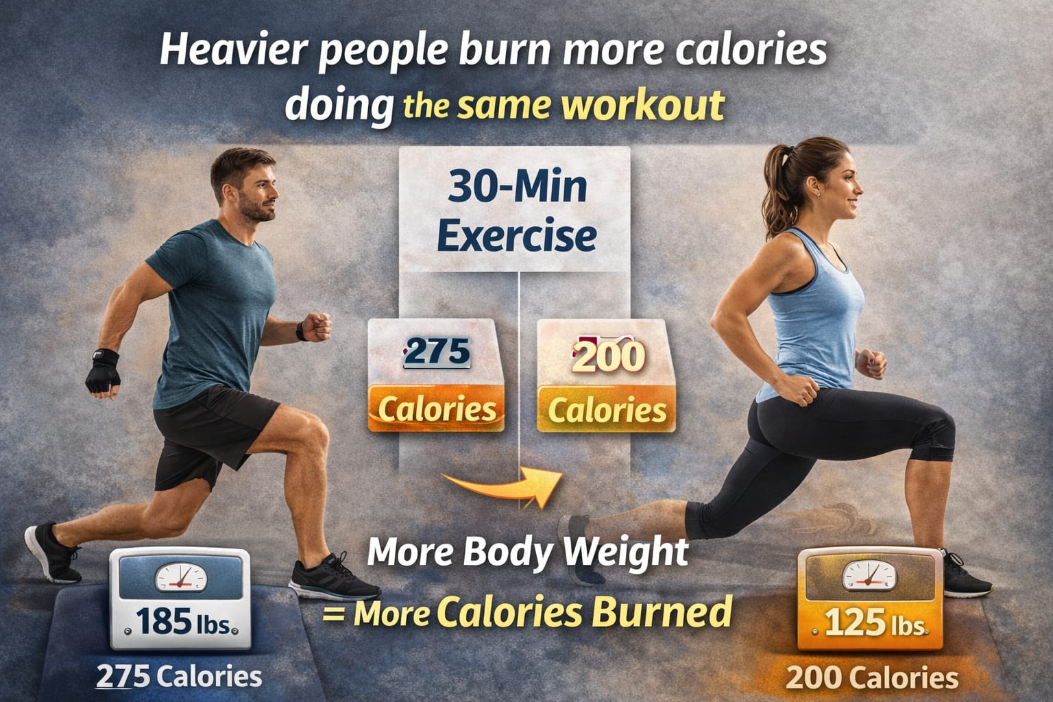 A man and woman doing lunges, showing how heavier individuals burn more calories during the same 30-minute workout.