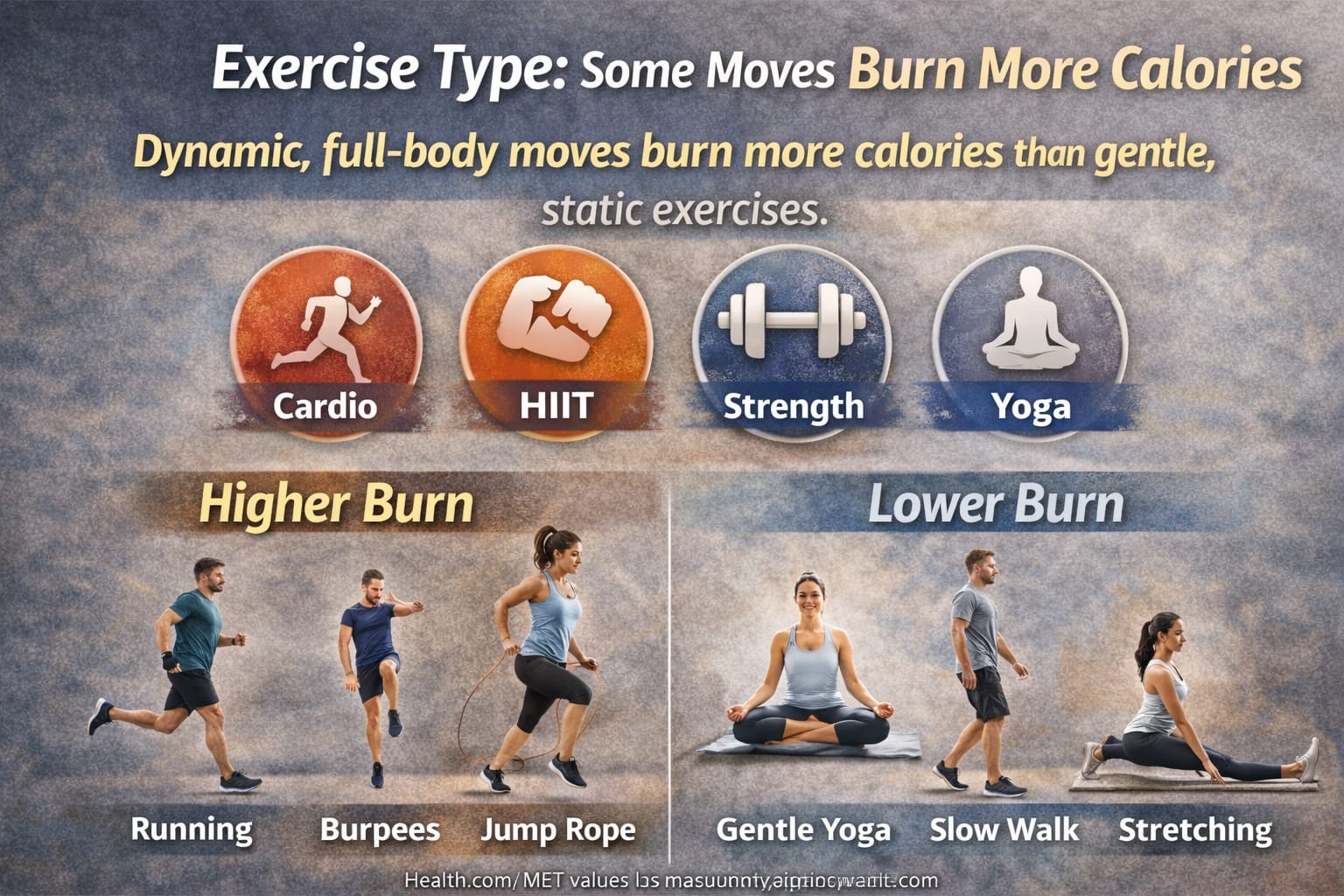 Collage comparing high-calorie-burning movements like running and burpees with lower-burning movements like yoga and stretching.