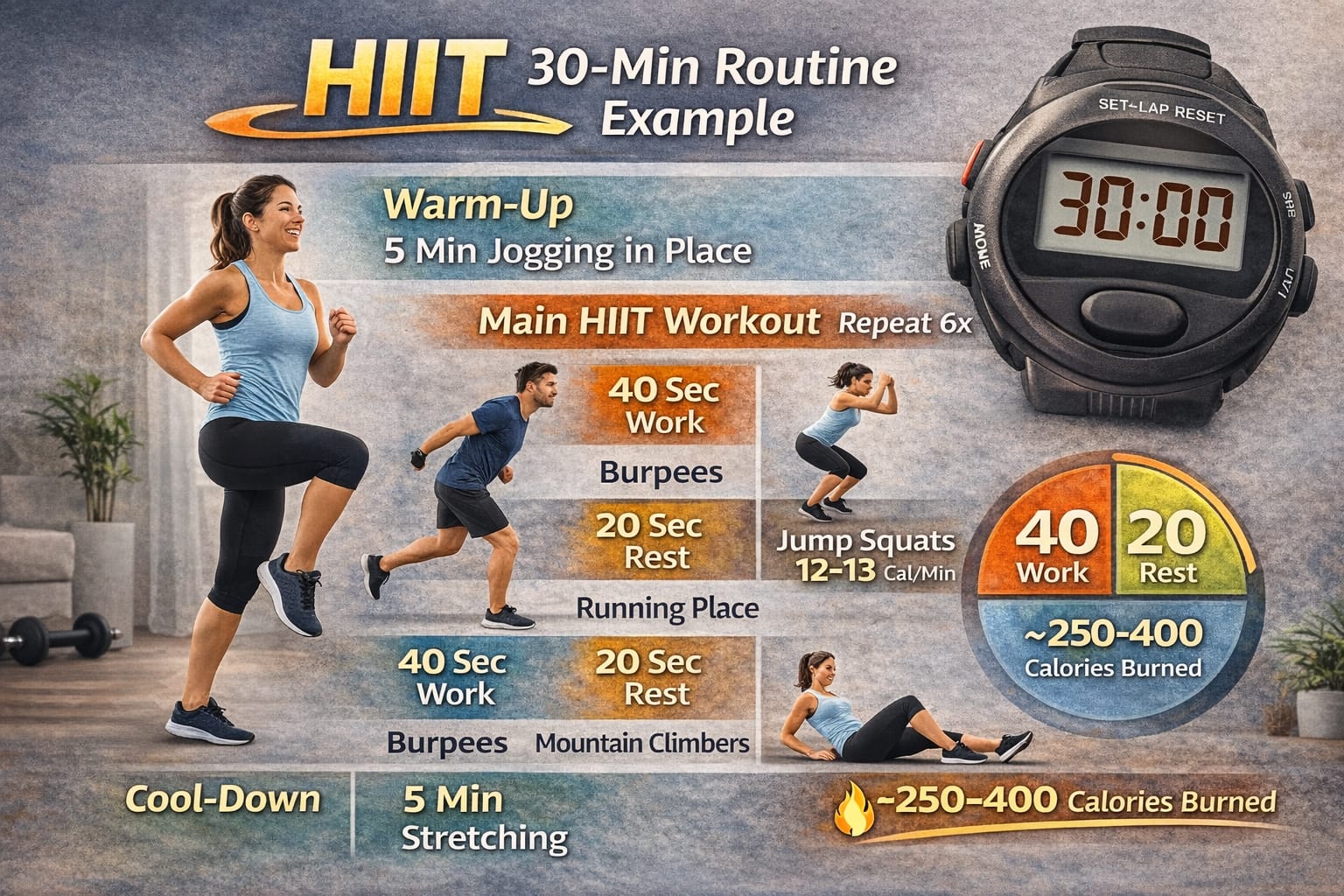 HIIT workout infographic showing warm-up, 40-sec work, 20-sec rest intervals, and estimated calories burned (250–400).