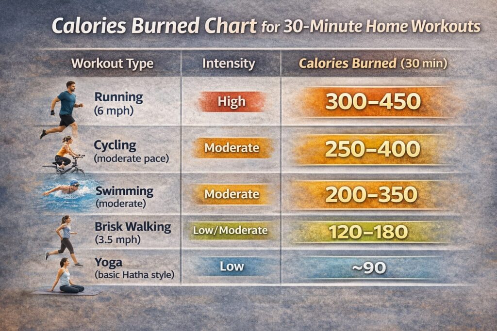Table comparing calories burned in 30 minutes for running, cycling, swimming, brisk walking, and yoga.