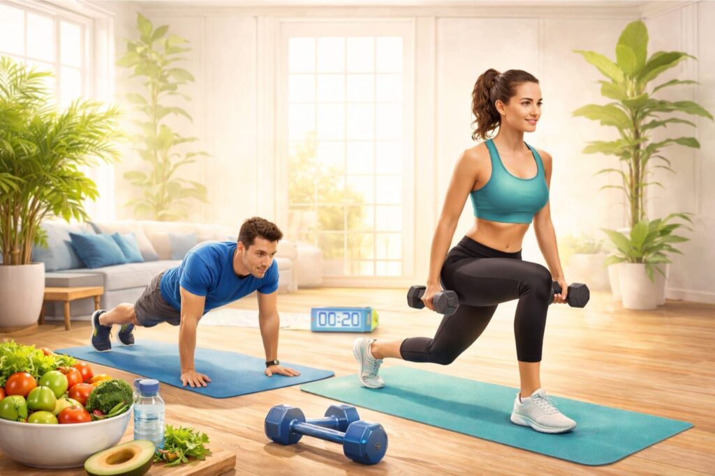 Man and woman doing strength exercise for weight lose at home without gym for weight loss