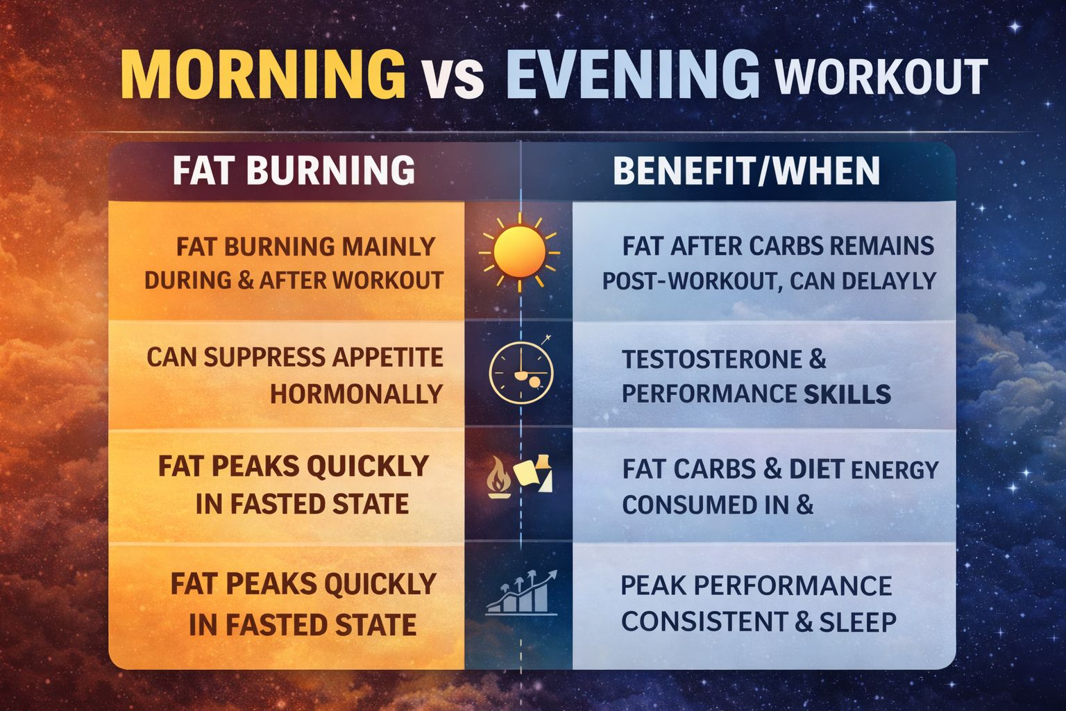 Morning vs evening workout comparison chart showing fat burning, energy, and performance differences