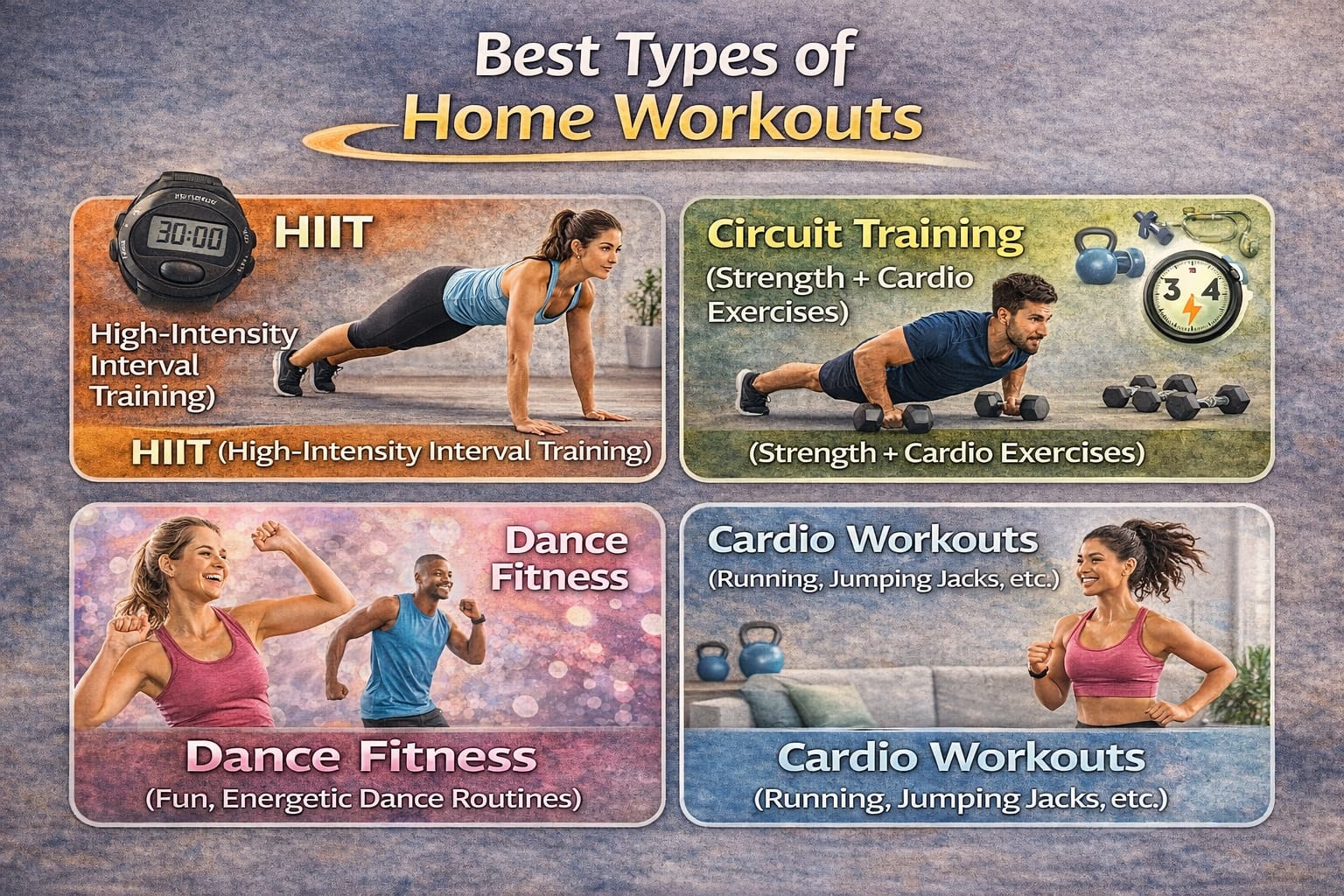 Collage showing HIIT, Circuit Training, Dance Fitness, and Cardio workouts.
