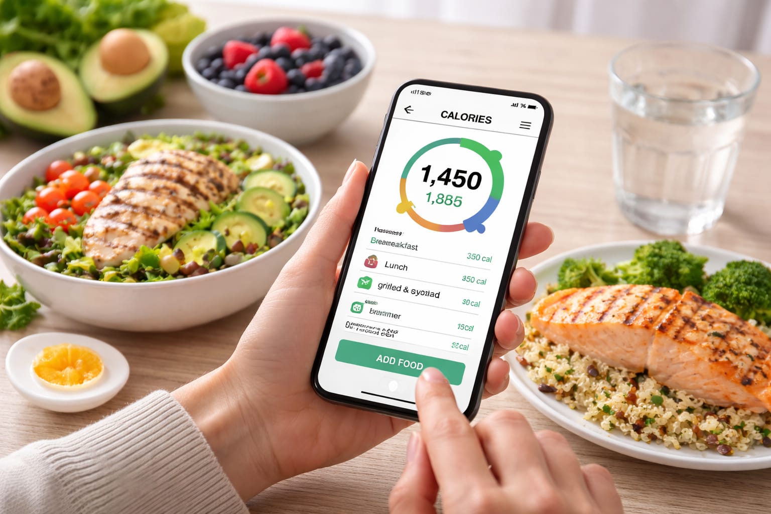 Hands holding a smartphone displaying a calorie tracking app next to plates of healthy meals.