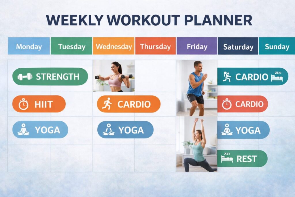 Weekly workout planner with structured exercises like strength, HIIT, cardio, yoga, and rest days.