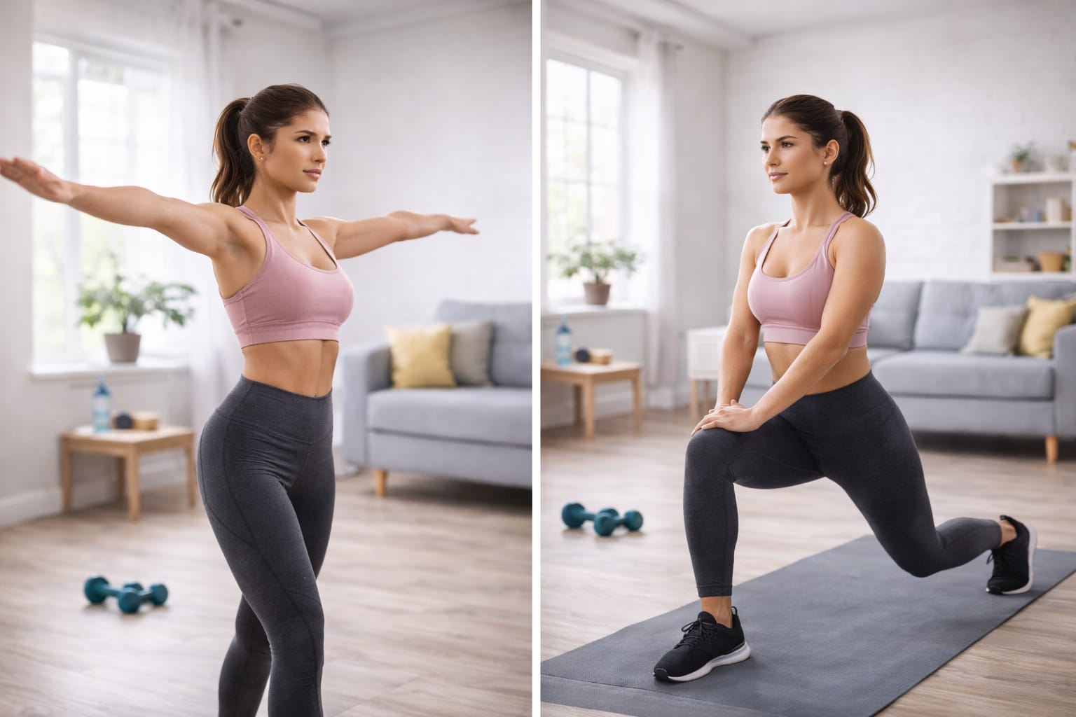 Woman performing arm circles and lunges during a warm-up in a bright living room.