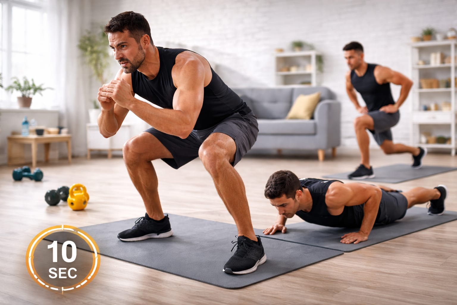 Person performing circuit training with squats, push-ups, and lunges in a home workout space.