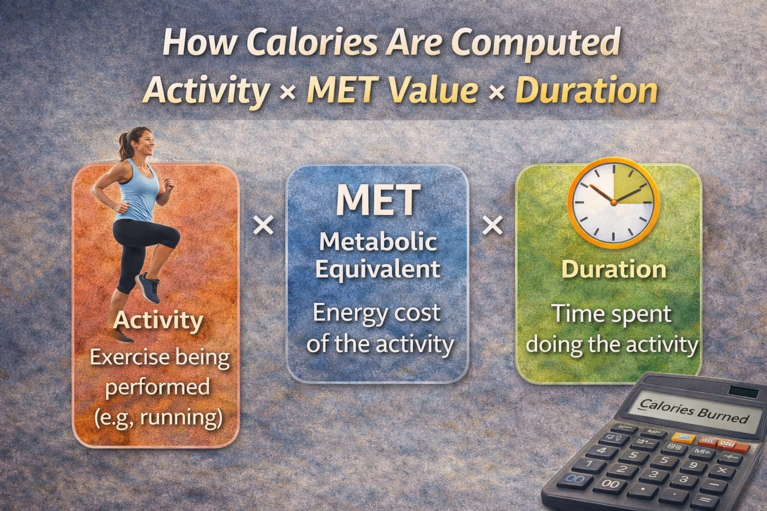 Infographic displaying MET formula: Activity × MET Value × Duration for calculating calorie burn.