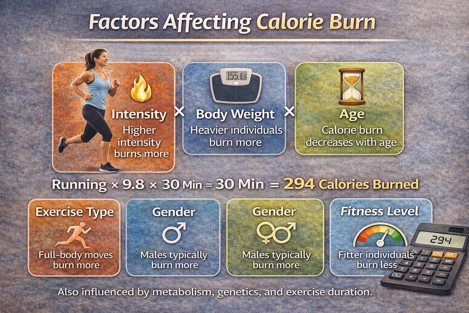 Infographic showing factors such as intensity, body weight, age, exercise type, gender, and fitness level that affect calorie burn.