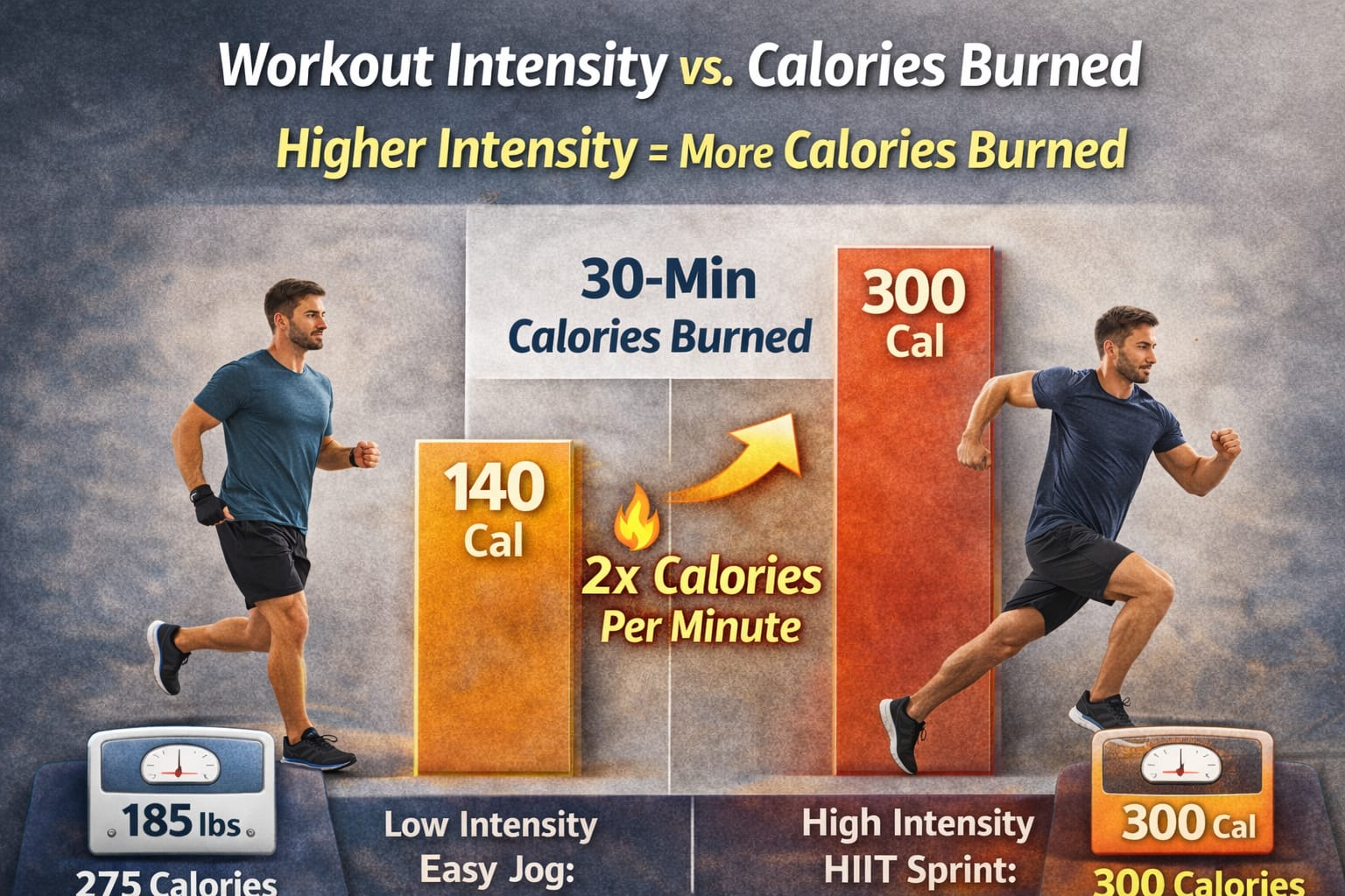 Comparison chart showing low-intensity jogging burning 140 calories vs high-intensity sprinting burning 300 calories in 30 minutes.