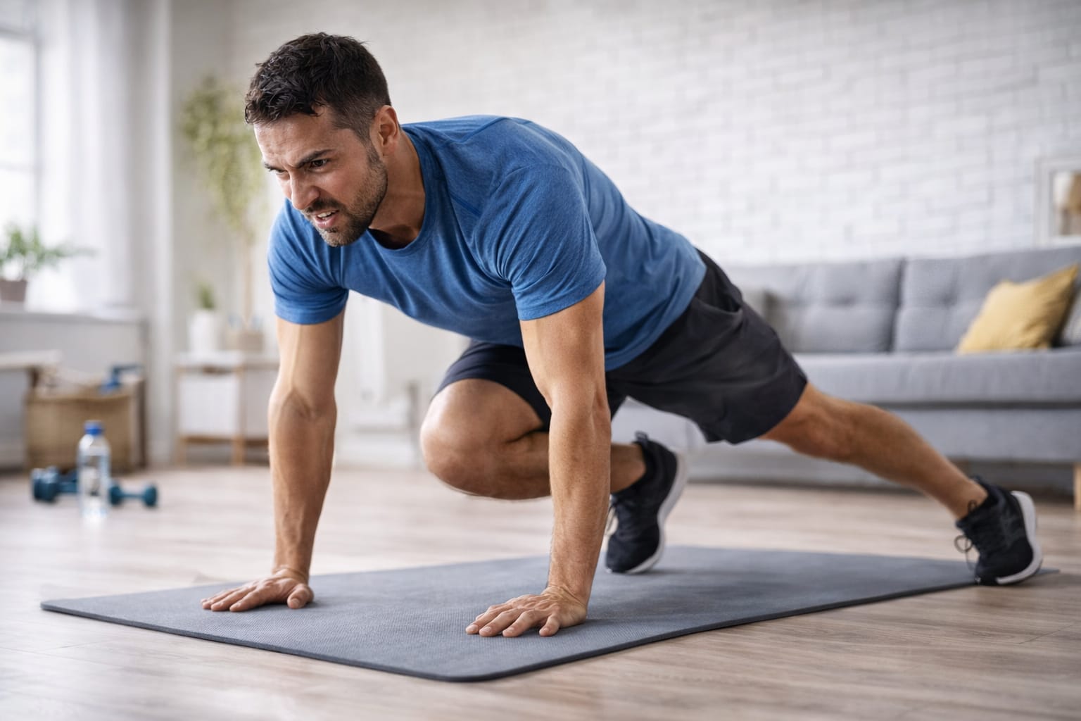 Fit man sweating while performing fast mountain climbers in a minimalist home gym.