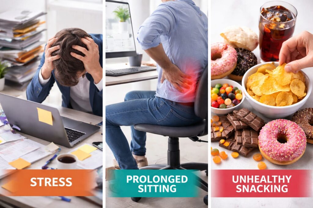 Three-frame collage showing work stress, prolonged sitting, and unhealthy snacking habits