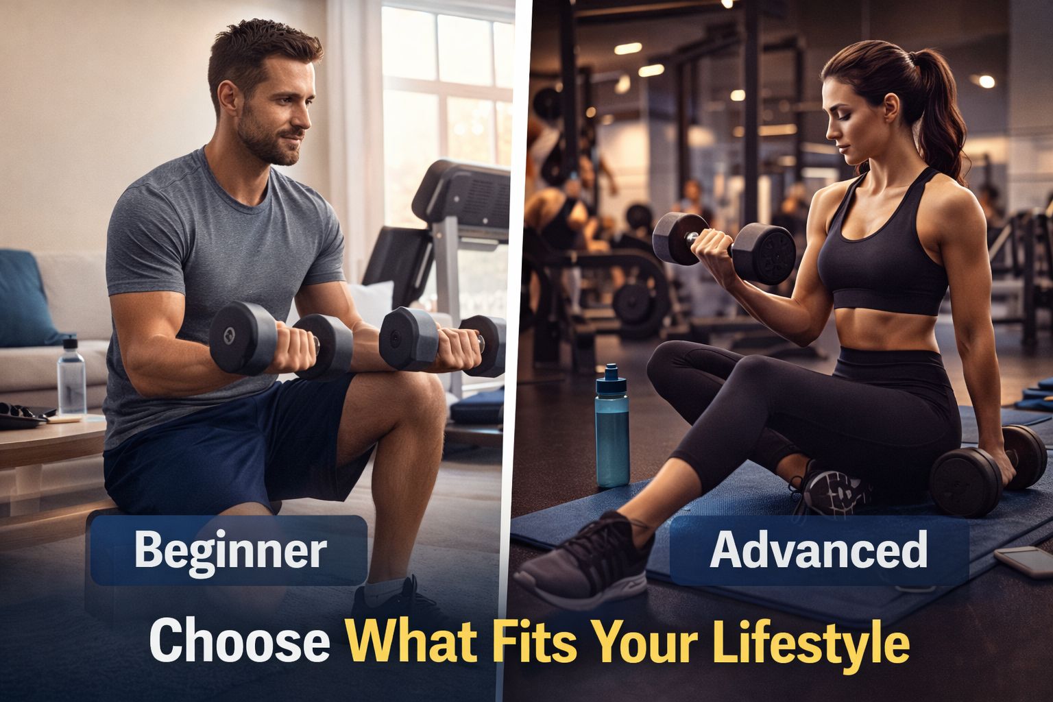 Beginner home workout and advanced gym workout showing different fitness lifestyles