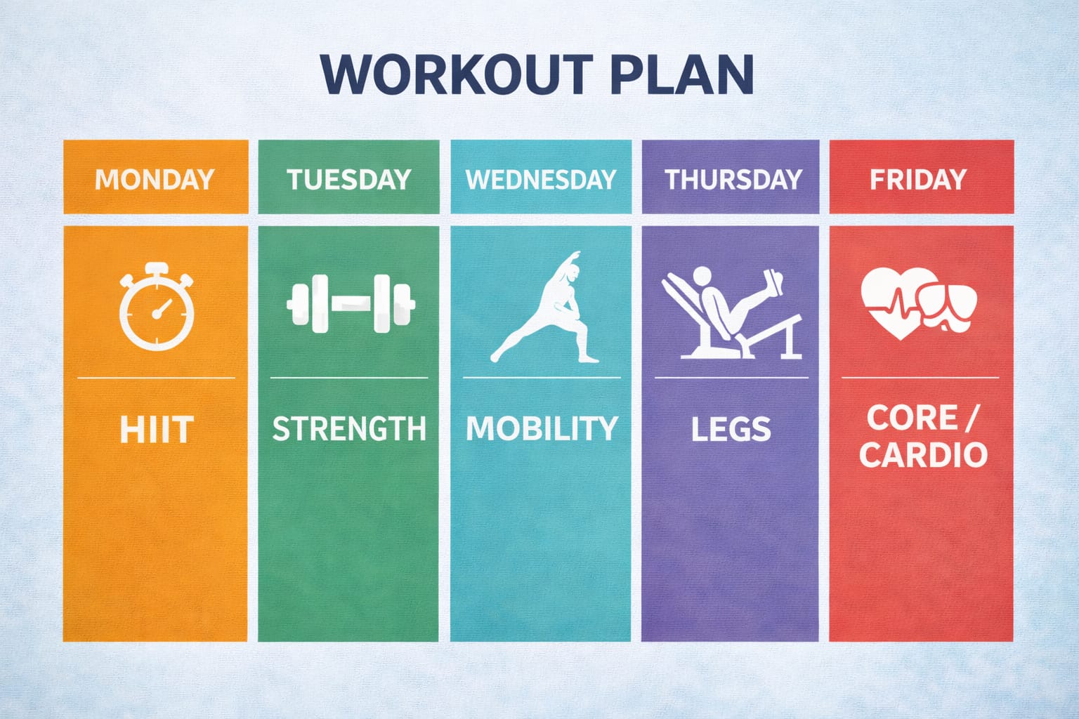 Modern workout plan infographic showing HIIT, strength, mobility, legs, and core/cardio.