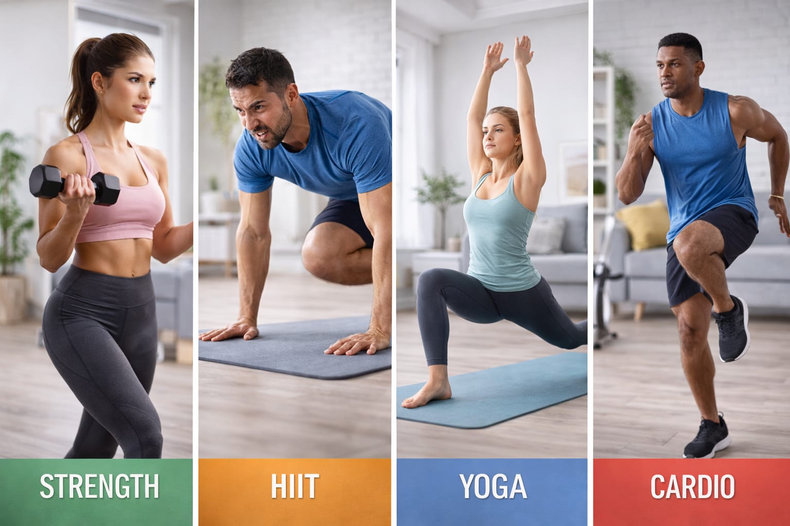 Four-frame collage showing strength training, HIIT, yoga, and cardio exercises for workout diversity.