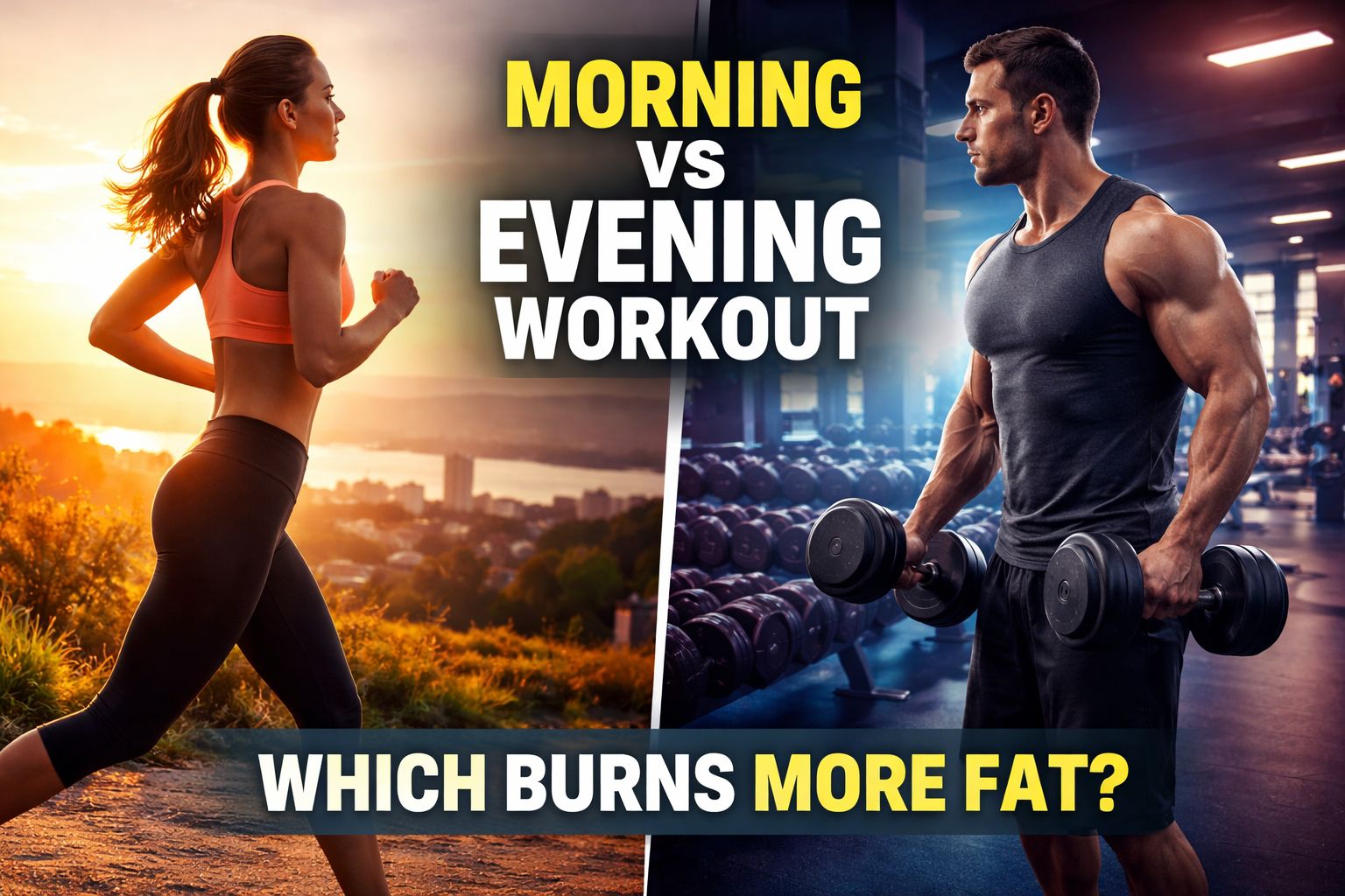 Morning vs evening workout comparison showing sunrise cardio and evening gym training for fat loss