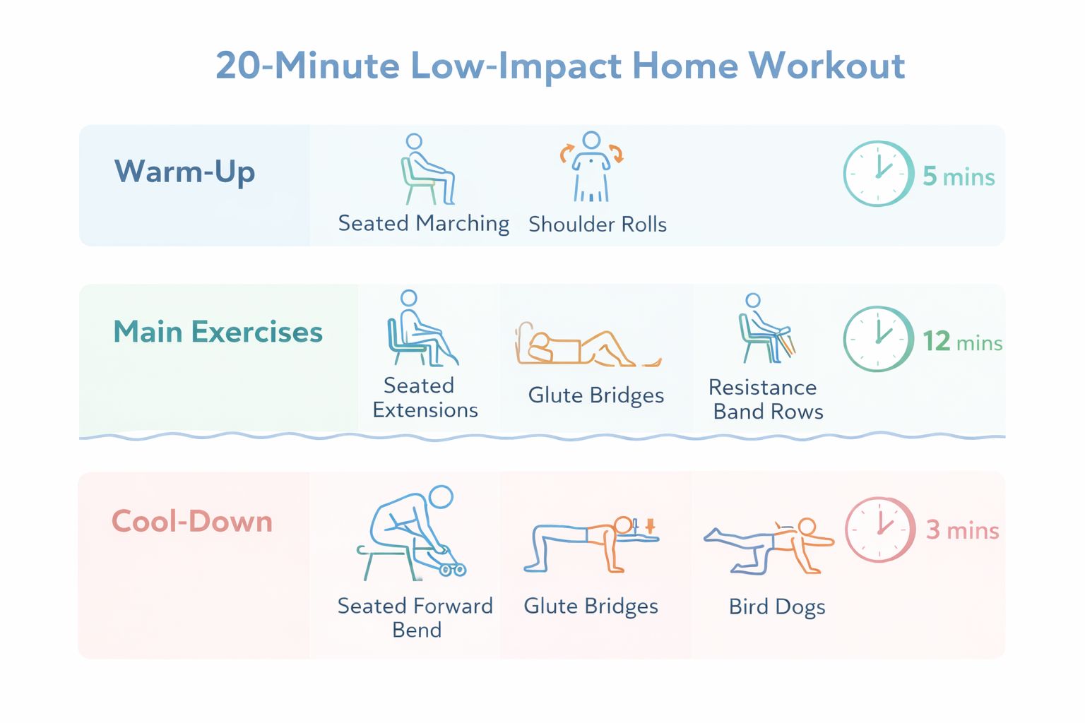 Infographic showing structured 20-minute low-impact home exercises routine with warm-up and cool-down