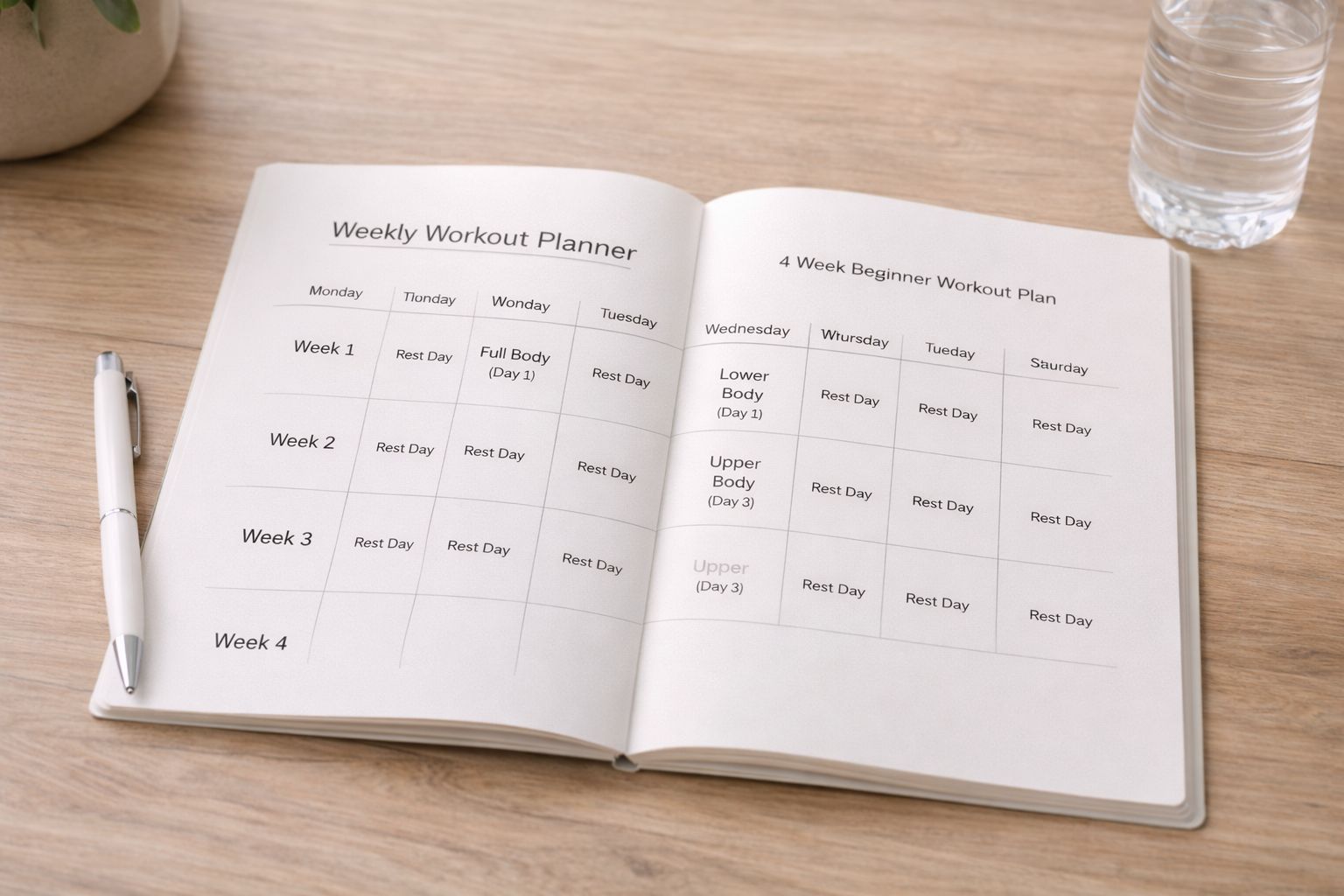 Weekly workout planner showing 4-week beginner home workout schedule for women