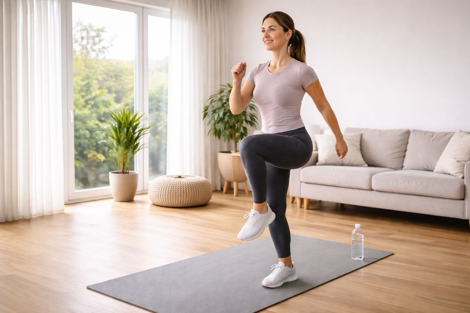 Beginner woman marching in place during home warm-up routine for women full body workout