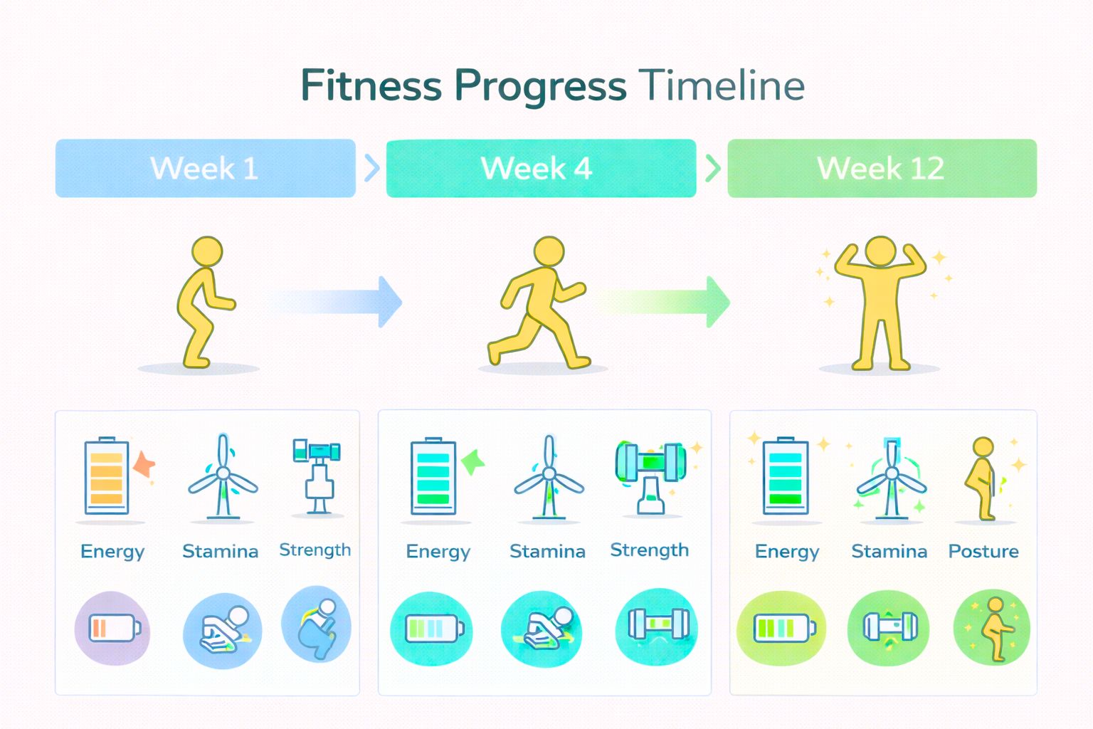 Infographic showing typical fitness progress from week 1 to week 12, including stamina, strength, energy, and posture improvements